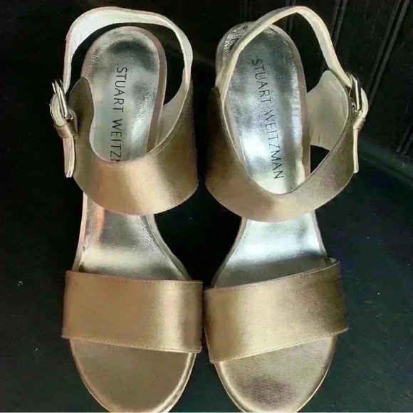 $498 Stuart Weitzman Beige PARTISAN Satin Block Mirror Heel Sandals Size 6 - Picture 2 of 7